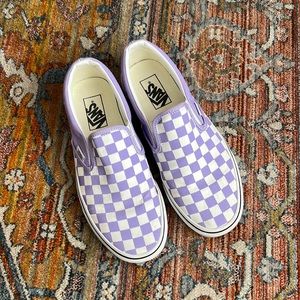Purple checkered Vans Slip ons